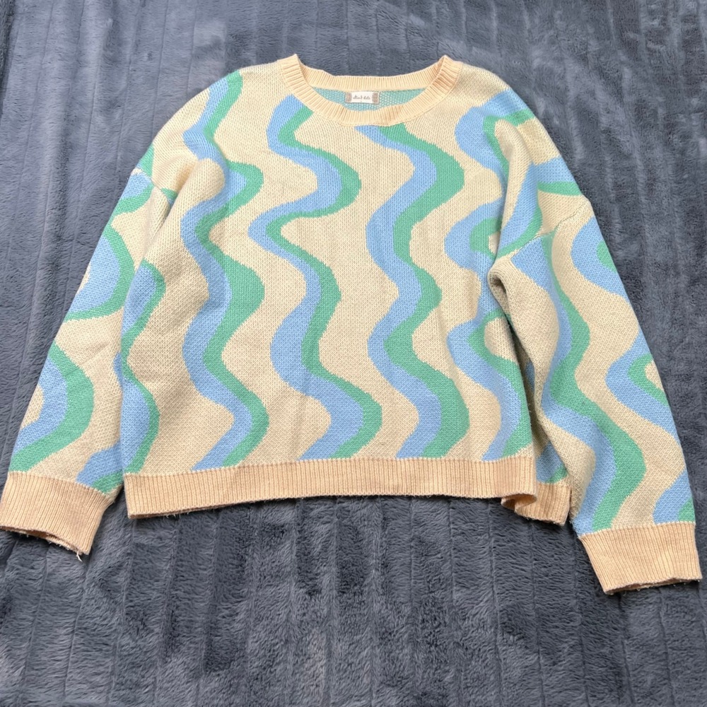 Altard State Wavy Knit Sweater Pastel Blue Green Cream BRW0280-4-ATS Large